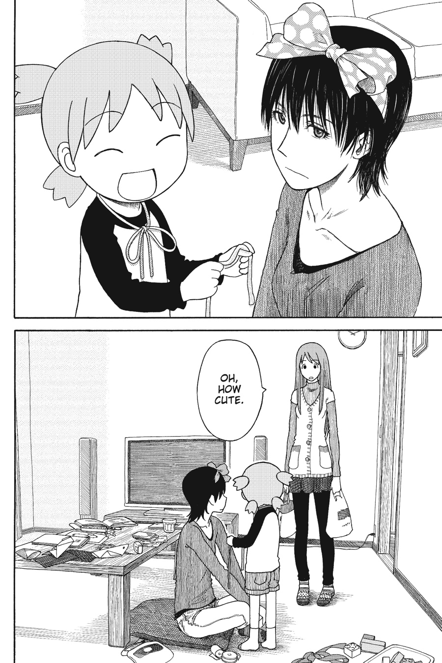 :3 A manga panel from Yotsuba&! by Kiyohiko Azuma. Yotsuba is placing a bowtie on Torako's hair. Asagi looks on them, commenting, 'Oh, how cute.'